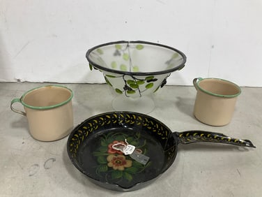 Metal Rim Glass Bowl, Metal Cups, and Pan