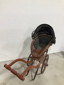 Vintage wood wicker doll baby carriage(19in.tall)