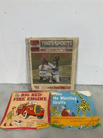 Vintage children's storybook 45's and 2008 Phillies newspaper print