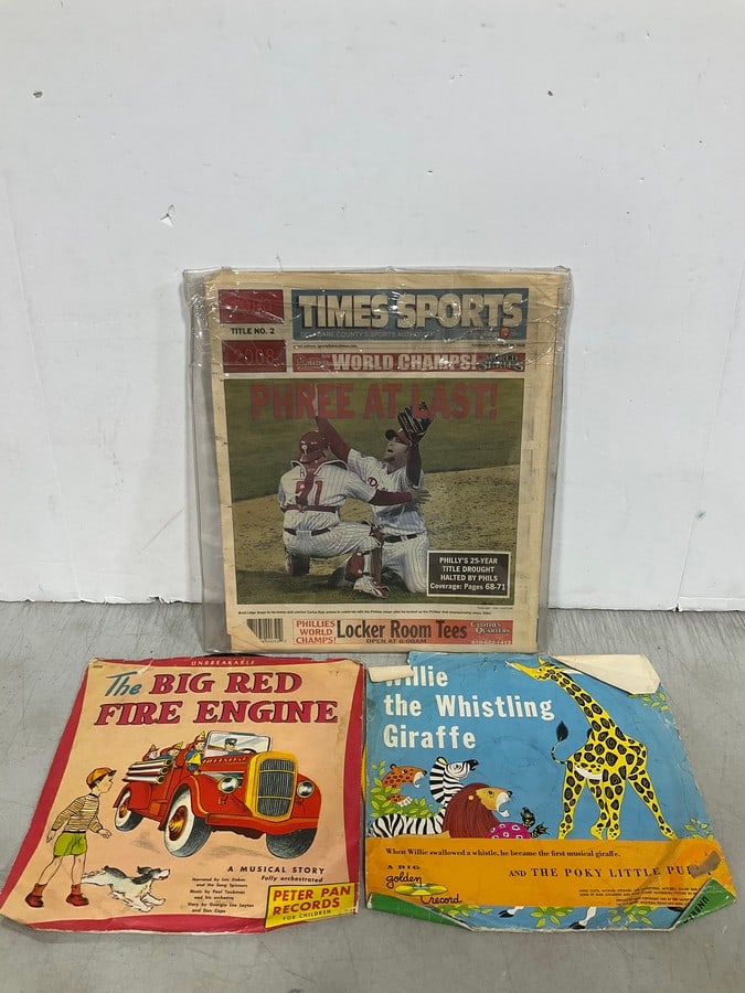 Vintage children's storybook 45's and 2008 Phillies newspaper print: Vintage children's storybook 45's and 2008 Phillies newspaper print