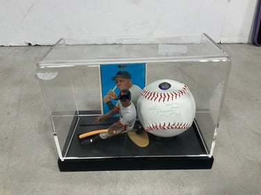 Willie Mays figure, autographed baseball, and collectible card in display case