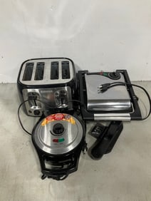 Hamilton Beach waffle maker, Black & Decker toaster, and grill press
