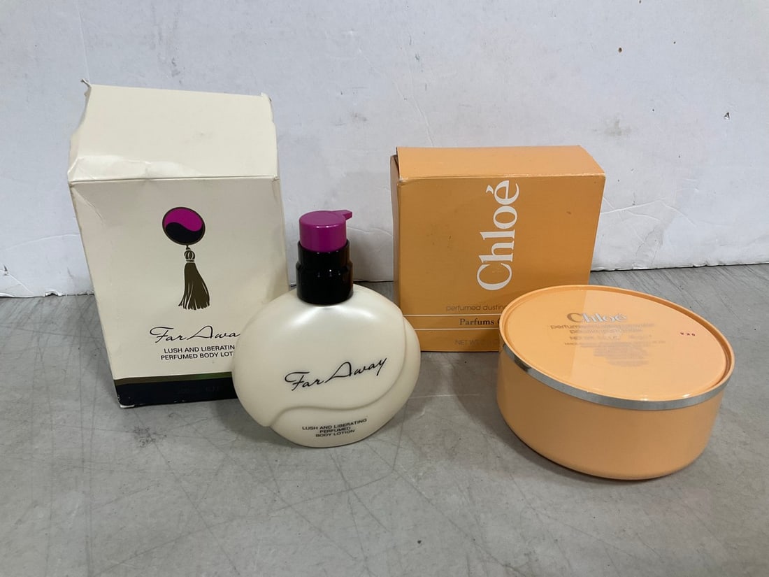 Far Away perfumed body lotion(6.7fl.oz.) and Chloe perfumed dusting powder(2.6fl.oz.): Far Away perfumed body lotion(6.7fl.oz.) and Chloe perfumed dusting powder(2.6fl.oz.)