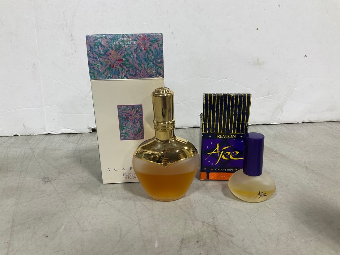 Acapella eau de toilette spray(1.9fl.oz.-3/4 full) and Revlon Ajee cologne spray(.4fl.oz.-1/2 full): Acapella eau de toilette spray(1.9fl.oz.-3/4 full) and Revlon Ajee cologne spray(.4fl.oz.-1/2 full)