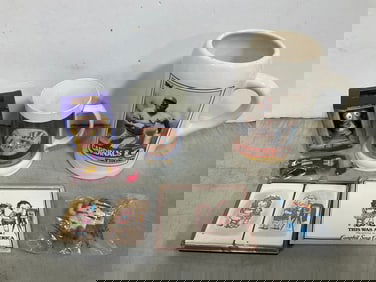 Vintage Campbell soup playing cards set, baseball mugs, E.T. McDonalds collectible, and more