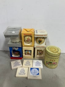 Vintage Christmas ornaments, miniature Hummel display medallions, and more