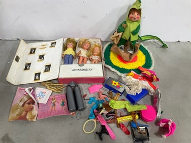 Vintage Miki dolls in wardrobe case, Annalee doll, and more