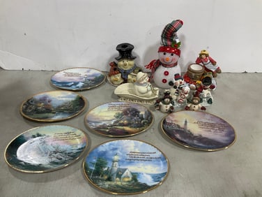 Christmas decor and Thomas Kinkade plates