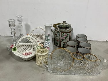 Glass Candle Holders, Ceramic Floral Baskets/Vase, Tea Set, and more