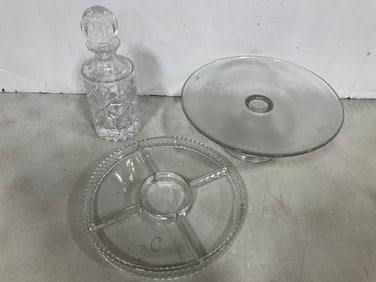 Glass serving trays and crystal glass decanter(10.25in.tall)