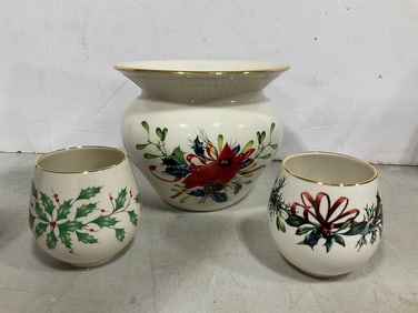 Lenox Winter Greetings vase(5.5in.tall), holiday cups, and ornaments