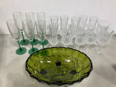 Vintage Indiana Glass Company Harvest Grape Green Glass Oval footed fruit bowl and drinking