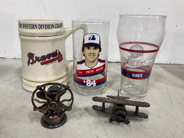 Vintage pencil sharpeners and sports glasses/mug(tallest 6in.)