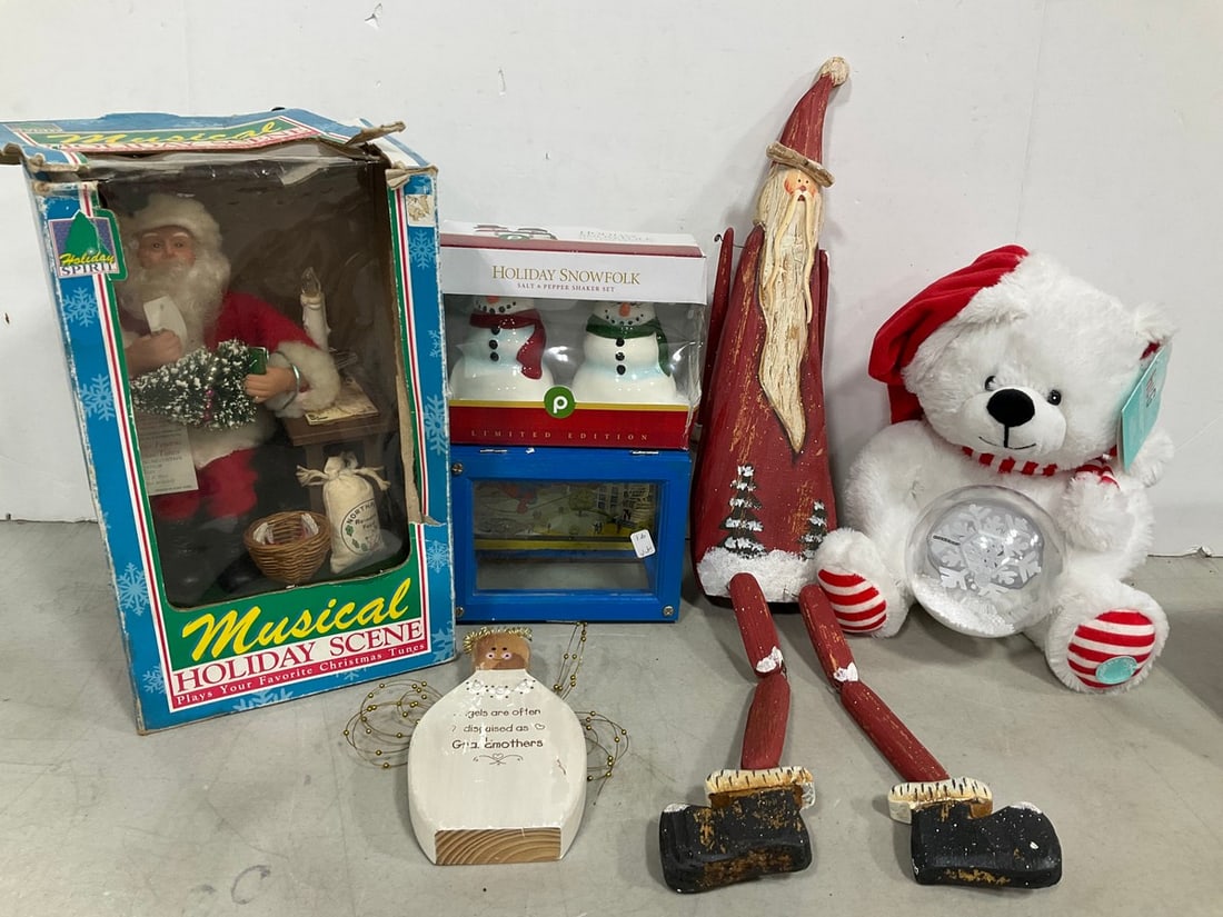 Holiday Snowfolk salt/pepper shaker set, vintage Musical Holiday Scene Santa decor, and more