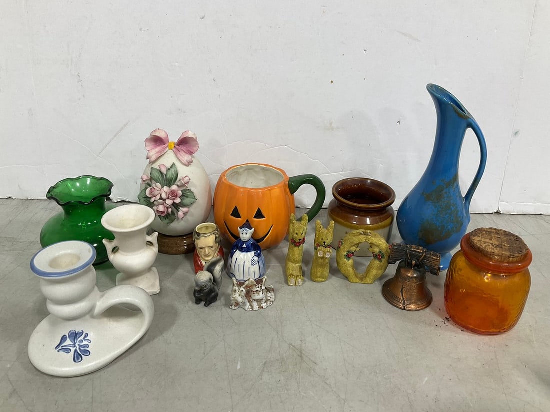 Floral egg decor, pumpkin mug, blue pitcher, and more(tallest 8in.): Floral egg decor, pumpkin mug, blue pitcher, and more(tallest 8in.)