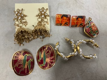 Elvis earrings, floral pendant, and other earrings