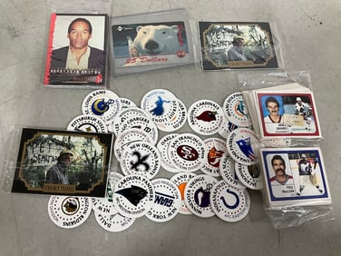 NHL sticker album cards, 1995 NFL team logo milk caps, and more