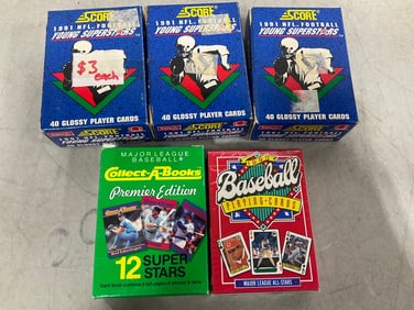 1991 Baseball playing cards, 1991 NFL football young superstars cards, and 1990 Premier edition MLB