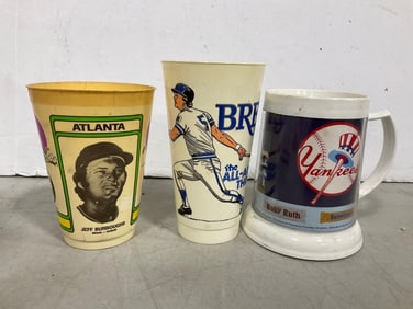 Vintage sports cups(Yankees mug, Jeff Buroughs 7-11 cup, and more)