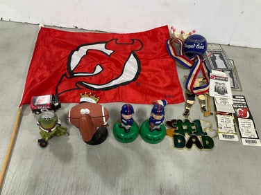 NY Devils game tickets/flag, Super Dad baseball, christmas ornaments, and more