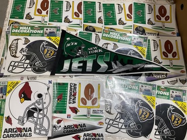 Sports self stick wall decorations(Cardinals/Ravens) and NY Jets banner(30in.long)