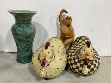1993 Signed Vase (7in Tall), Cock Statues, and more