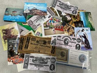 Vintage Postcards and replica confederate bills