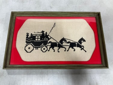 Framed stagecoach and horse sampler(11.5in.x18in.)