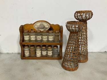 Vintage wicker glass hurricane cadelholders(tallest 13.5in.) and spice rack with spices