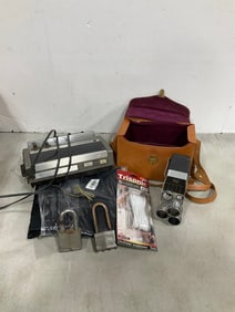 Vintage Bell & Howell camera, Sony digital clock radio, vintage locks, and more