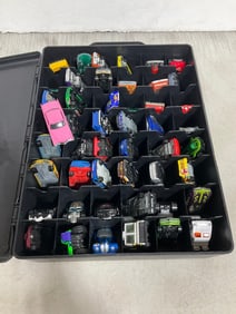 Various toy cars in carrying case