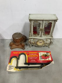 Vintage ballerina jewelry box with clock(12in.tall), flower box brackets, and more