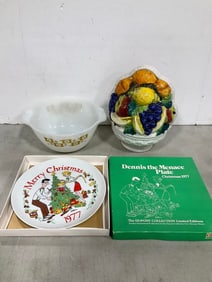 Dennis the Menace 1977 plate, italian ceramic fruit topiary centerpiece(11.5in.tall), and more