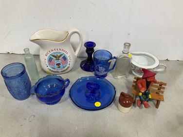 Various Blue Glass, Bicentennial Pitcher, Glass Bottles, and more (Tallest - 6.5in)