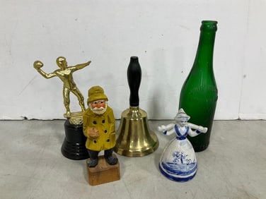 Various Figures, Bell, and Empty Long Branch Soda Bottle (9.75in Tall)