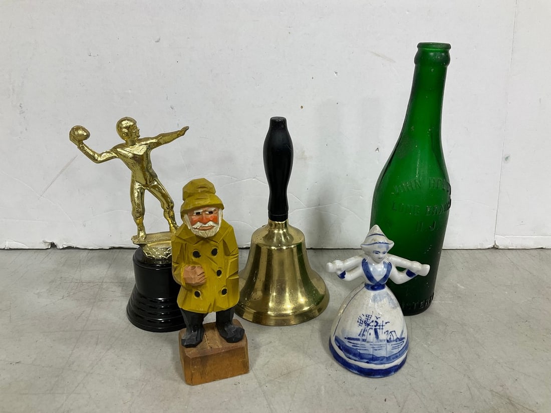 Various Figures, Bell, and Empty Long Branch Soda Bottle (9.75in Tall): Various Figures, Bell, and Empty Long Branch Soda Bottle (9.75in Tall)