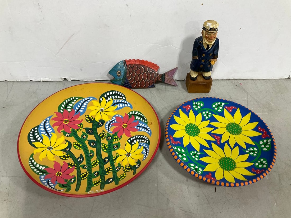 Handpainted Ceramic Plates/Fish, and Wooden Figure: Handpainted Ceramic Plates/Fish, and Wooden Figure