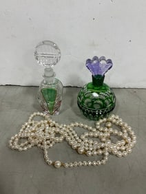 Glass Perfume Bottles, and Pearl Necklace