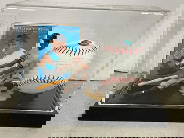 Willie Mays Autographed Ball, Figure, and Card in Case