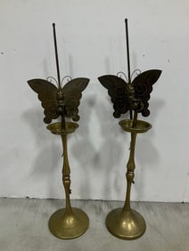 Pair of korean brass butterfly candlestick holders(22in.tall)
