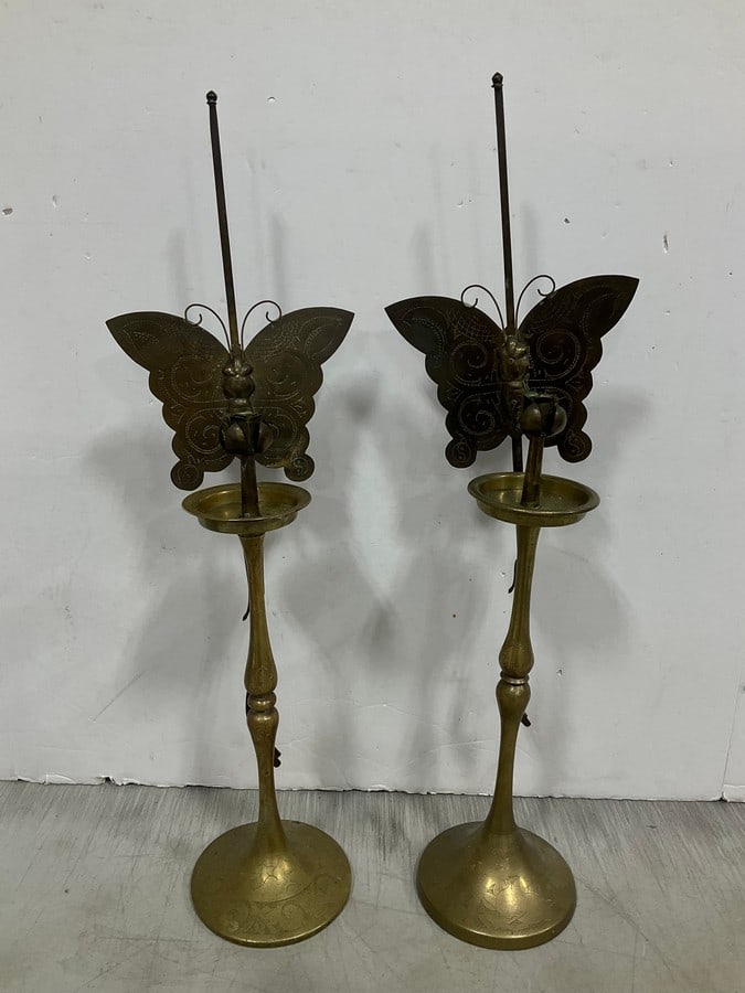 Pair of korean brass butterfly candlestick holders(22in.tall): Pair of korean brass butterfly candlestick holders(22in.tall)