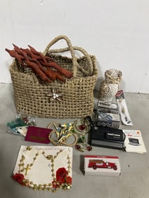 Hand Woven Bag, Owl Shell Statue, Various Costume Jewelry, Golf Balls, more
