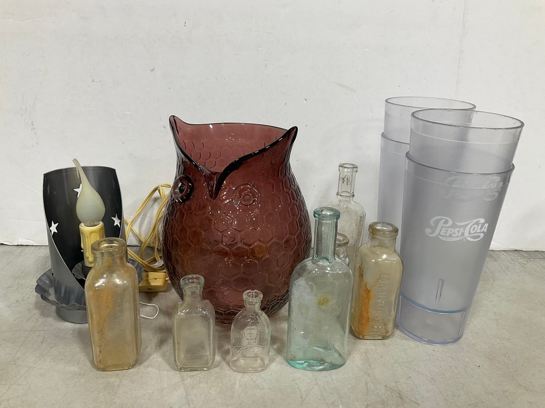 Pepsi-Cola Cups, Various Medical Bottles (NY, PA, etc), Owl Vase (8.5in Tall), and more (1 of 1)
