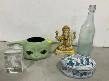 Newark NJ Glass Bottle (9.5in), Oriental Figure, Yoda Mug *small chip*, and more