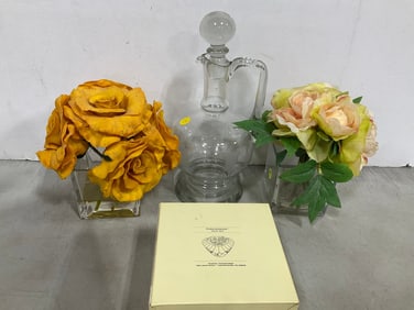 Fake Flowers in Resin Decor, Glass Decanter (13in Tall), and Lenox Forevermore Heart Box