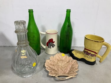 Glass Bottles, Firehouse Mugs, Four Chamber Glass Liquor Bottle, and more (Tallest - 12in)