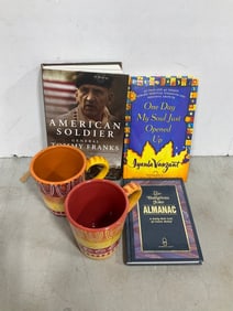 Various books and Certified International decorative mugs