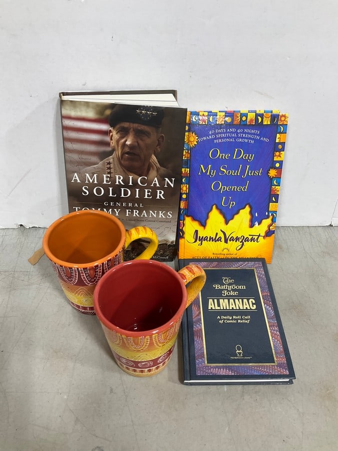 Various books and Certified International decorative mugs: Various books and Certified International decorative mugs