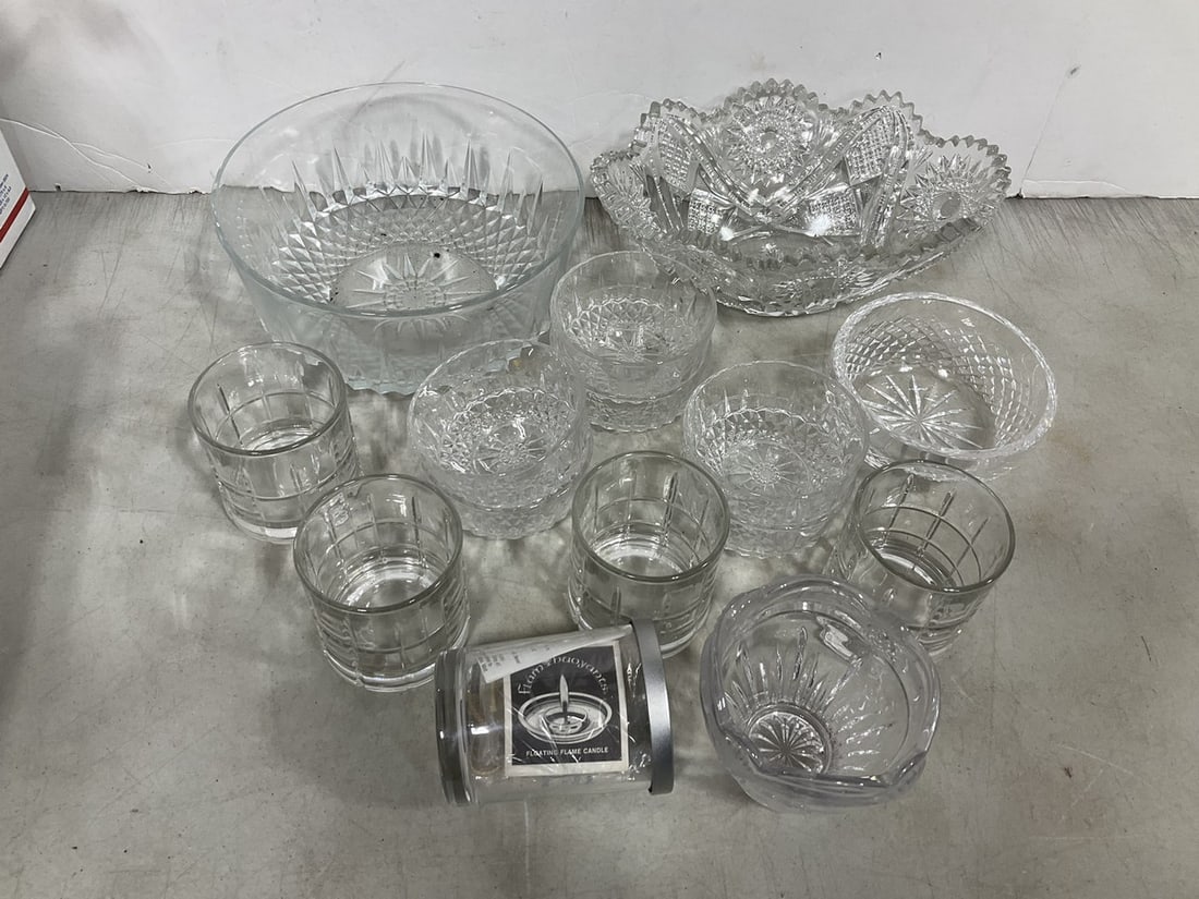 Floating flame candle and crystal cut glass bowl, cups, and more: Floating flame candle and crystal cut glass bowl, cups, and more