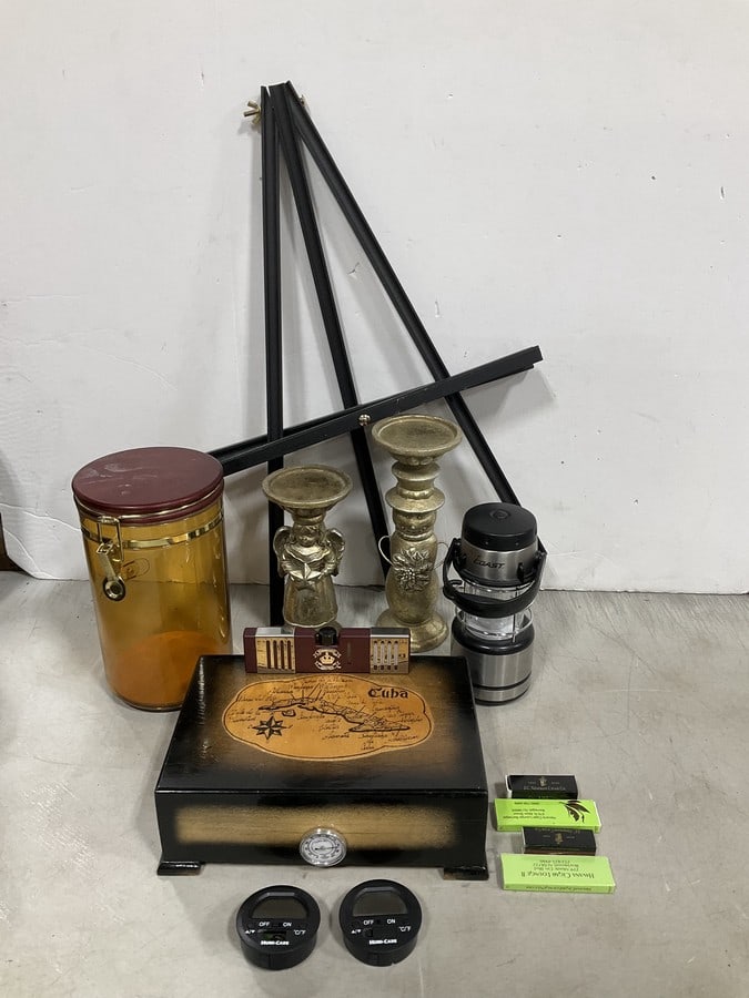 Cigar box, Diamond Cown decanter, candleholders, and more: Cigar box, Diamond Cown decanter, candleholders, and more